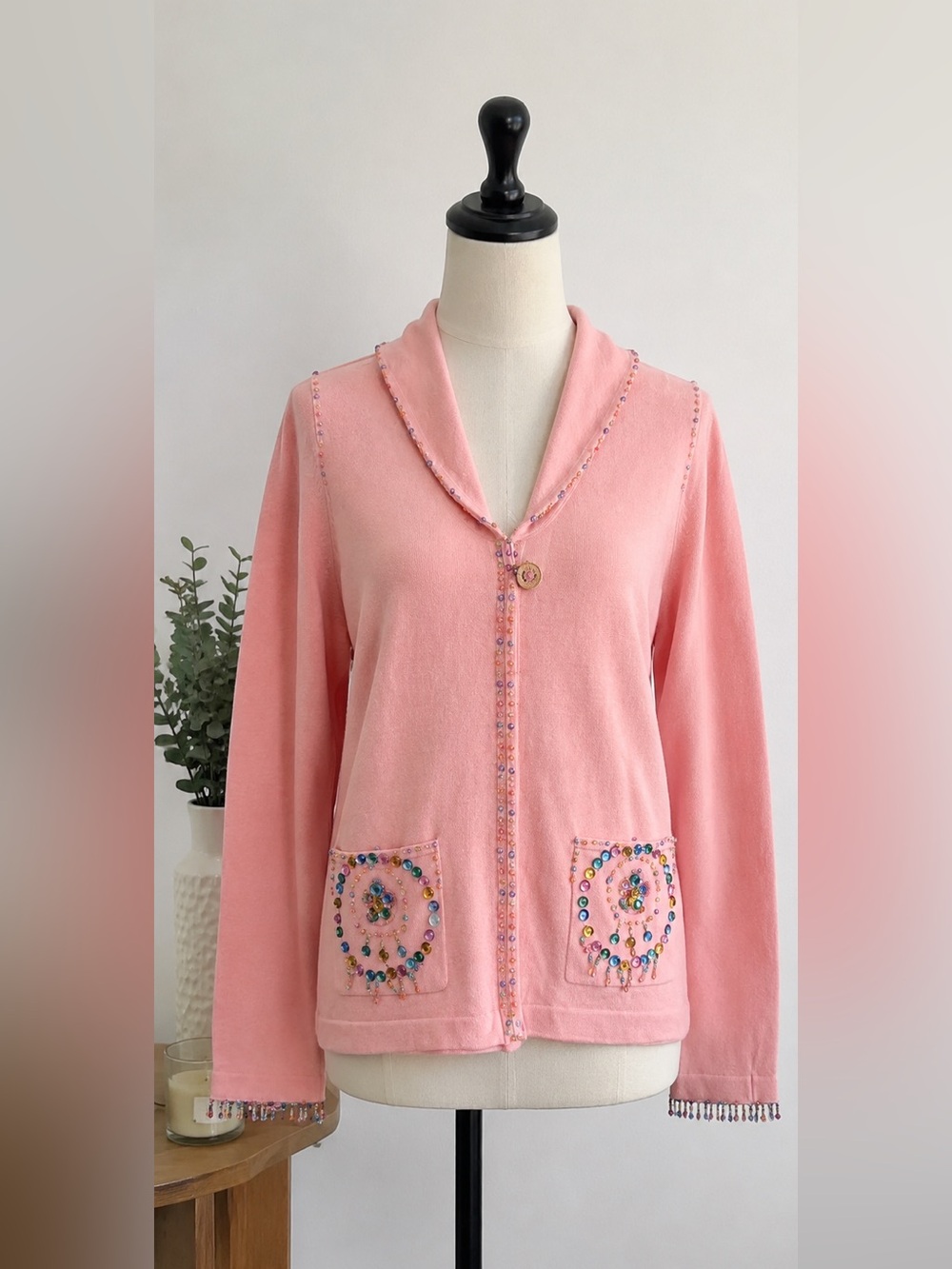 Storybook Knits Pink Embellished Shawl-Collar Cardigan